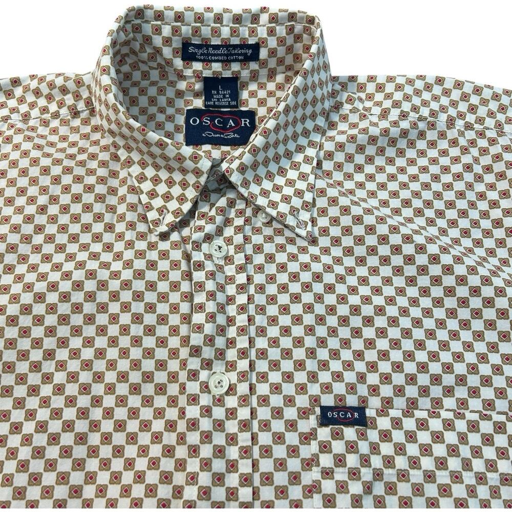 Oscar De La Renta Shirt Men L White Gold Red Retro Combed Cotton Short Sleeve